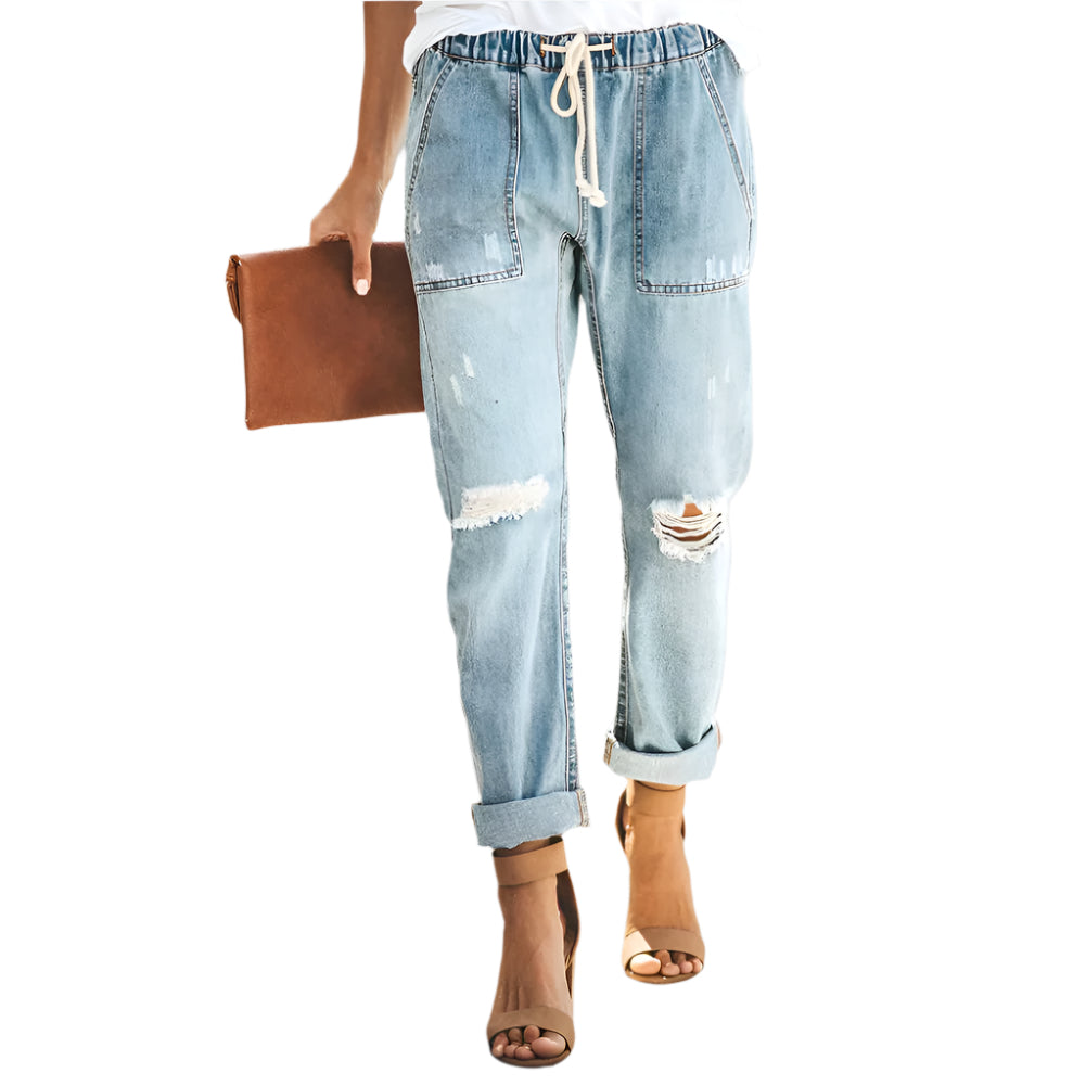 Samantha - Afslappede Jeans med Rå Detaljer og Justerbar Snøre