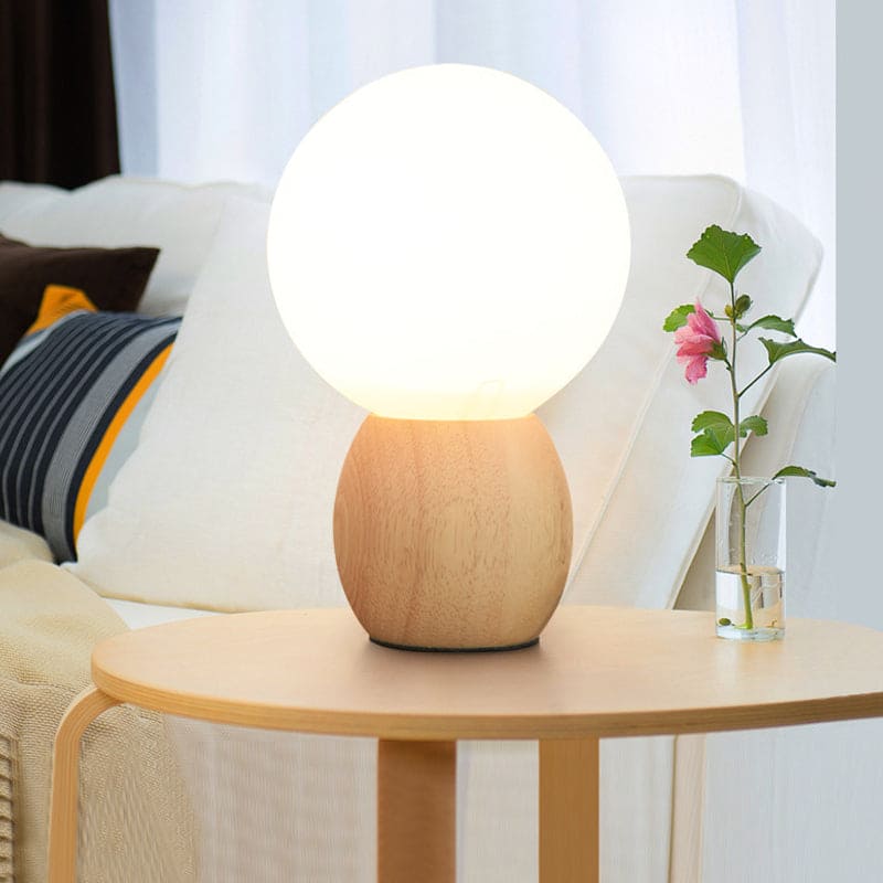 SoftLume Elegant Sengelampe – Naturligt Træ & Rund Glasskærm