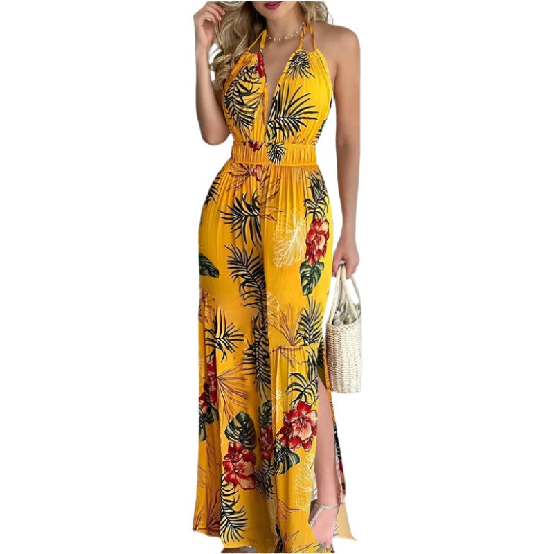Yvonne - Ærmeløs jumpsuit med blomstermønster og sideslids