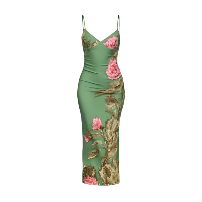 Mathilde Blomsterprintet Bodycon Maxikjole med Spaghettistropper