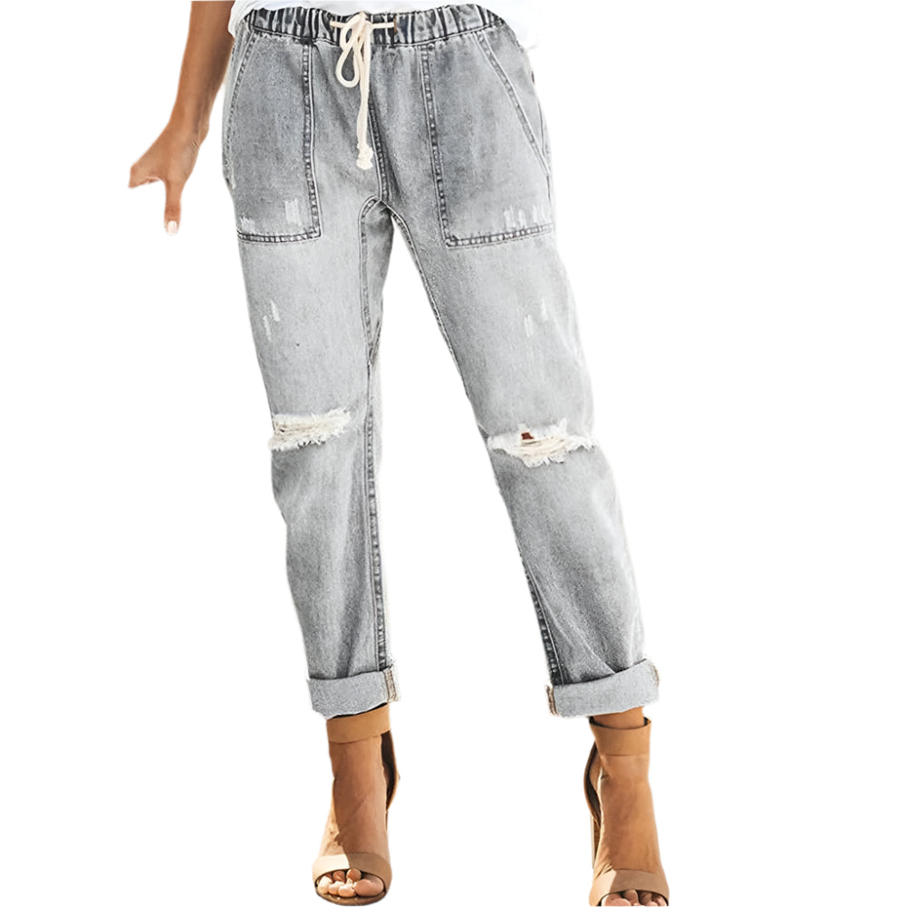 Samantha - Afslappede Jeans med Rå Detaljer og Justerbar Snøre