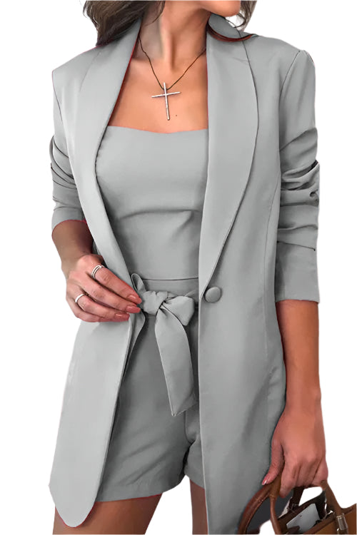 Julie - 3-delt Sæt med Cropped Top, Bælte Shorts og Blazer