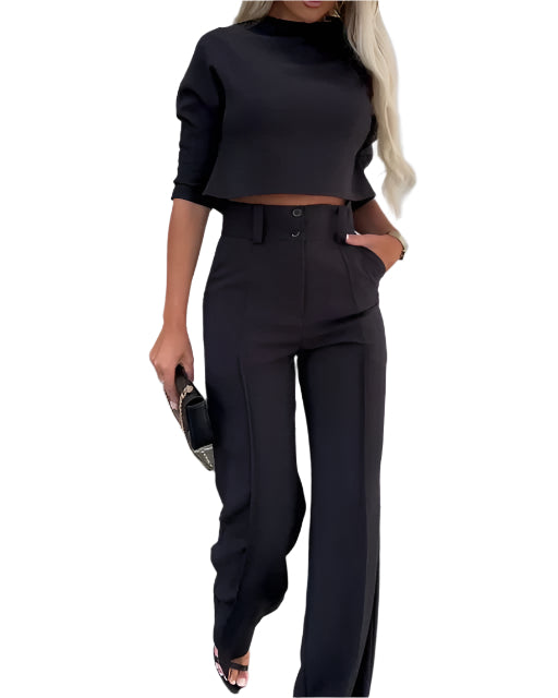 Chloe - Stilfuldt 2-delt Sæt med Cropped Top og Vide Bukser