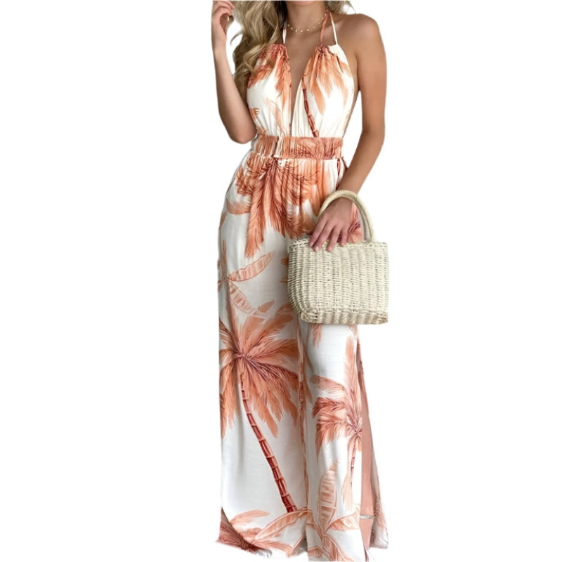 Yvonne - Ærmeløs jumpsuit med blomstermønster og sideslids