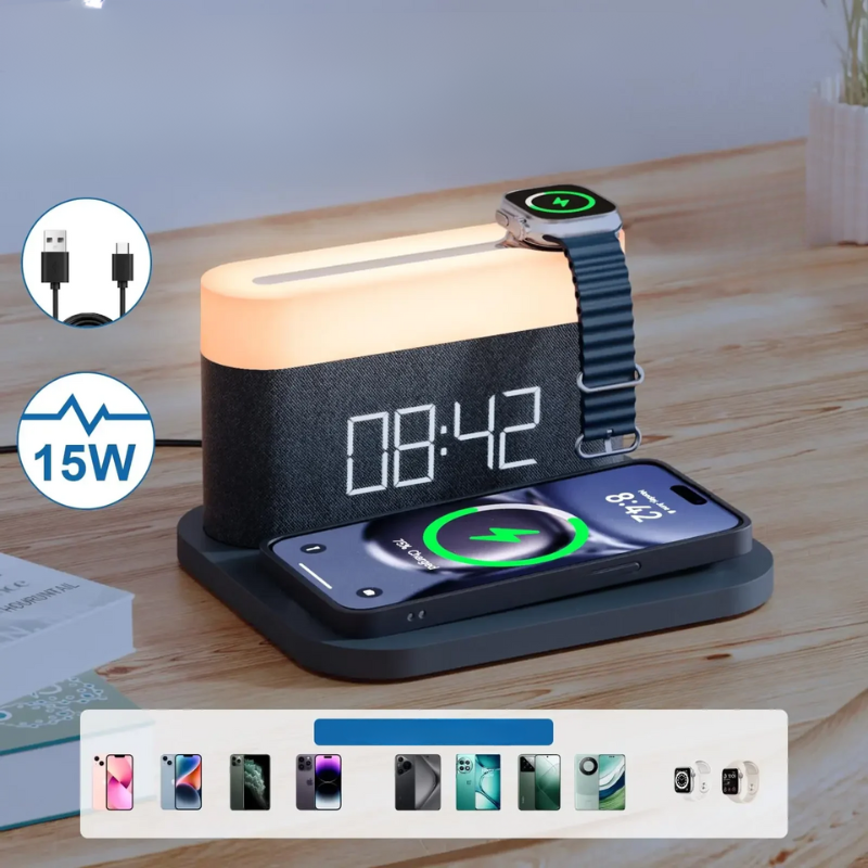 LumiCharge 15W Trådløs Oplader – Med Natlys & Alarmfunktion