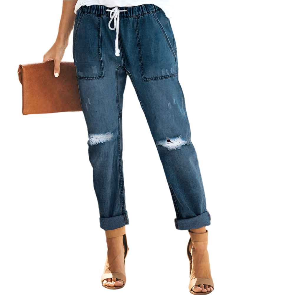 Samantha - Afslappede Jeans med Rå Detaljer og Justerbar Snøre