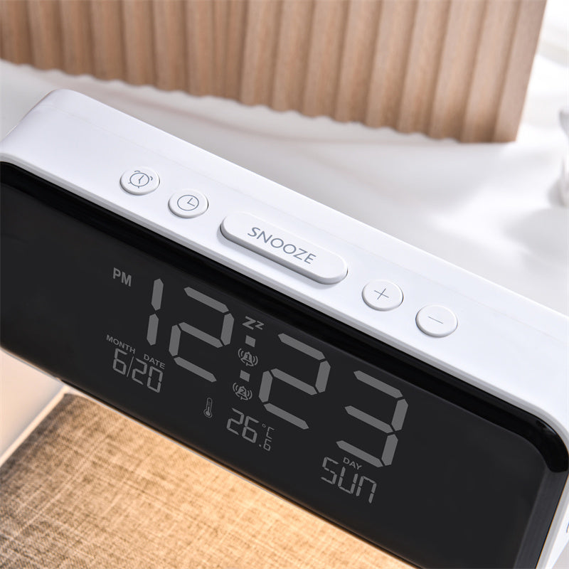 GlowTime LED Vækkeur med Digitalt Display & Trådløs Hurtigopladning
