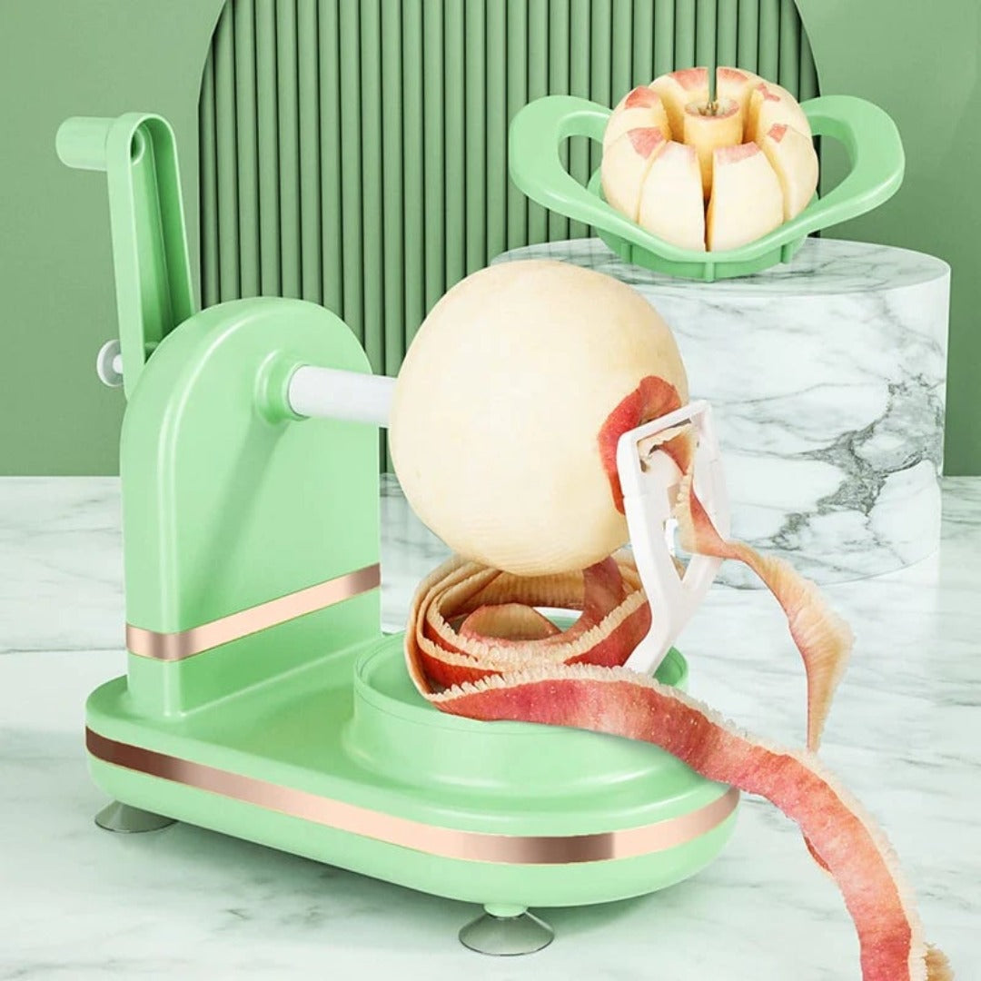 GreenCrank - Multifunktionel Æbleskræller med Drejehåndtag og Farverige Detaljer