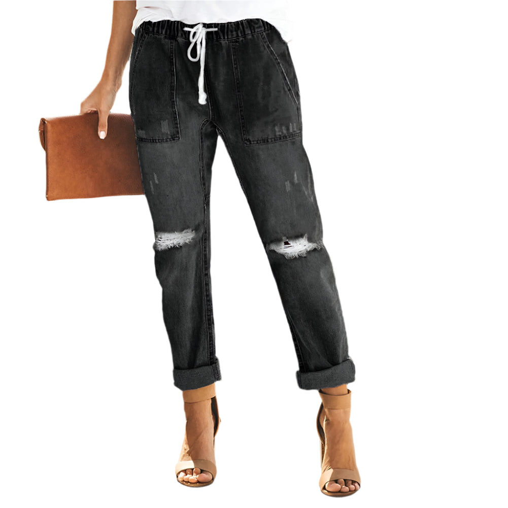 Samantha - Afslappede Jeans med Rå Detaljer og Justerbar Snøre
