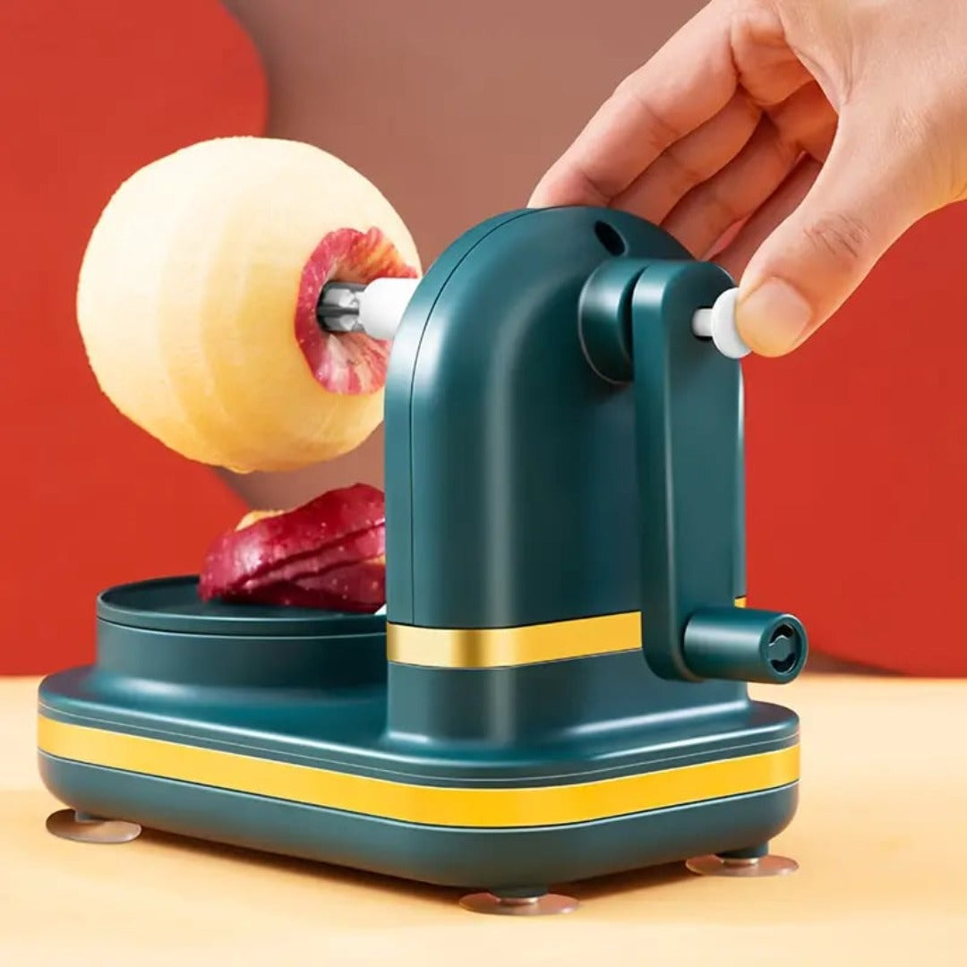 GreenCrank - Multifunktionel Æbleskræller med Drejehåndtag og Farverige Detaljer