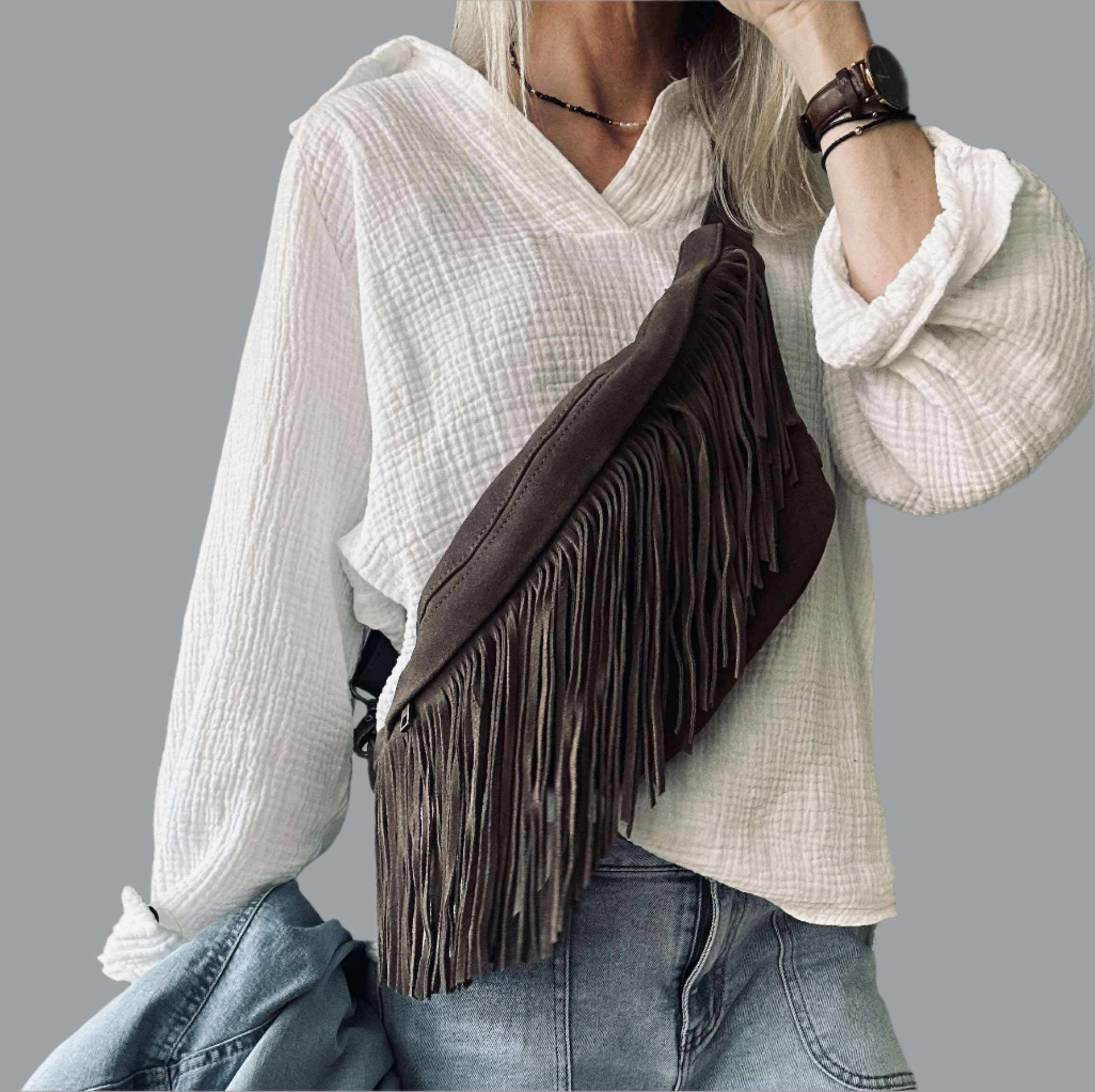 Klarise - Brun Lædermavetaske med Frynser til Boho-Chic Stil