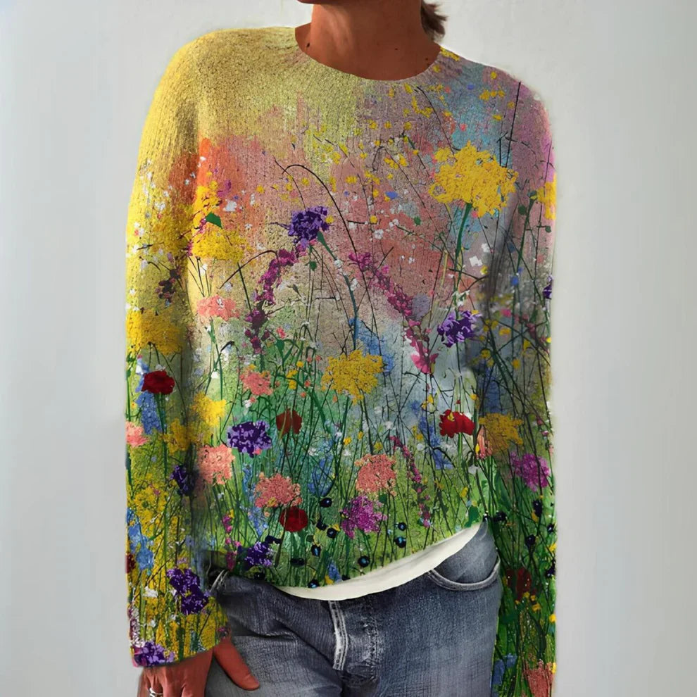 Clare - Varm sweater med blomsterprint og rund hals