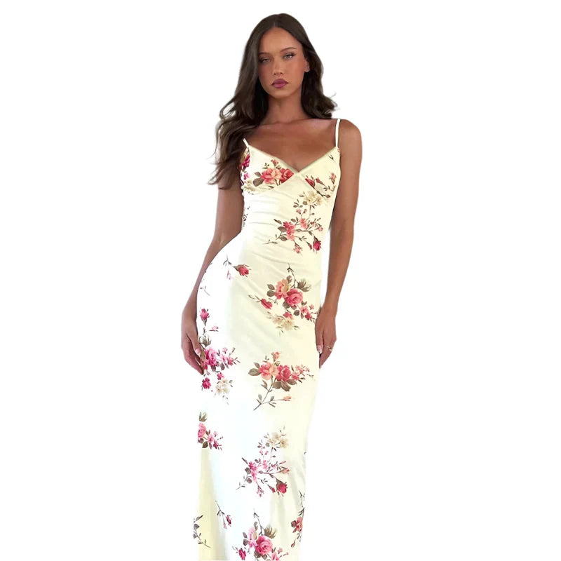 Mathilde Blomsterprintet Bodycon Maxikjole med Spaghettistropper