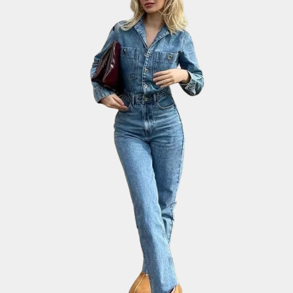 Jasmin - Jumpsuit i denim med lange ærmer og lige ben