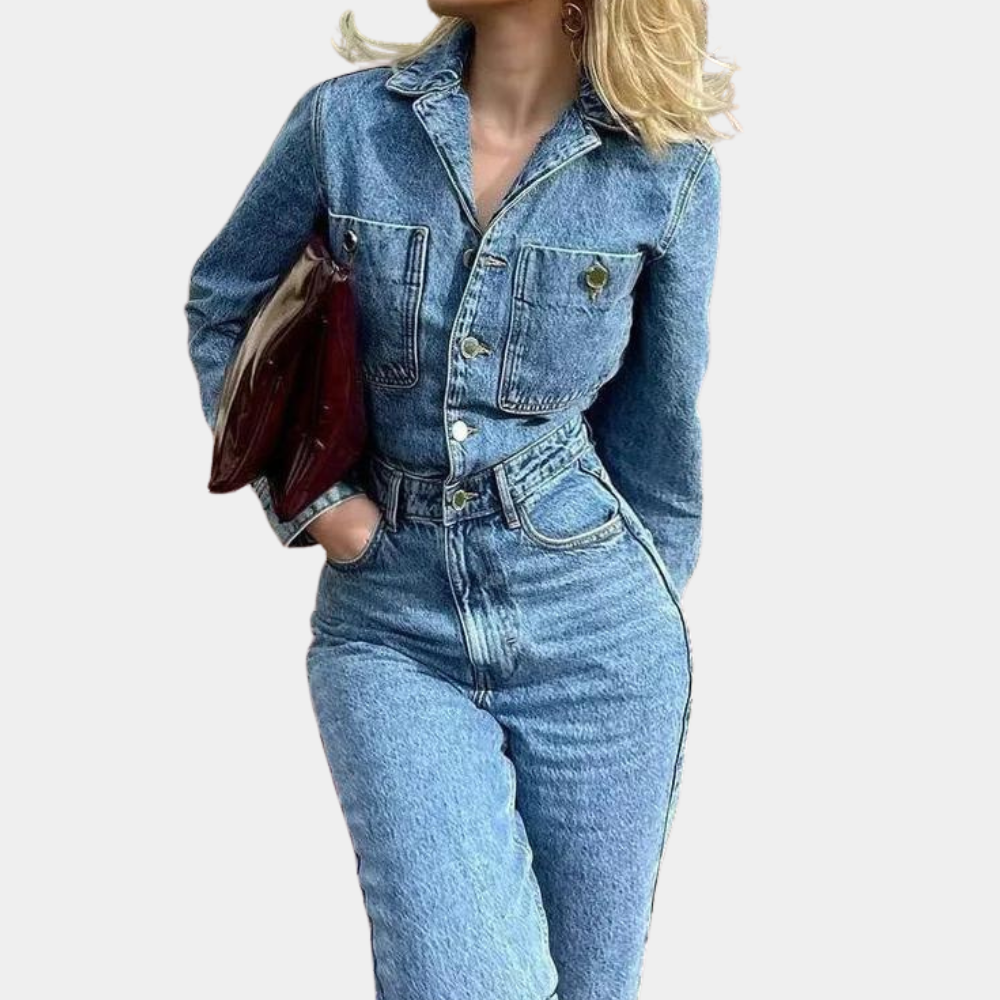 Jasmin - Jumpsuit i denim med lange ærmer og lige ben