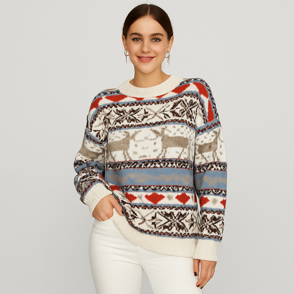 Ivanna | Geometrisk sweater med jule-rensdyrmønster