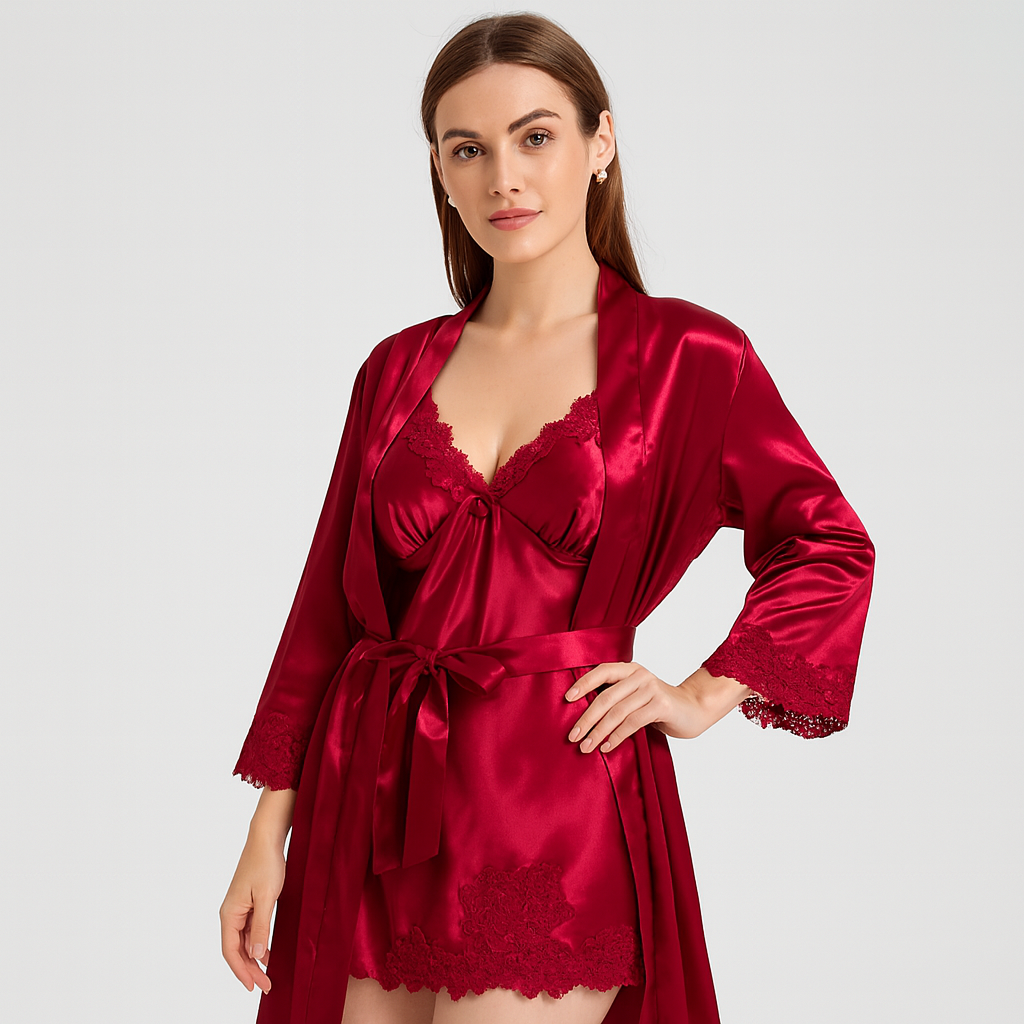 Elegant 5-i-1 Pyjamasæt til damer – Premium loungewear-sæt med badekåbe og matchende dele