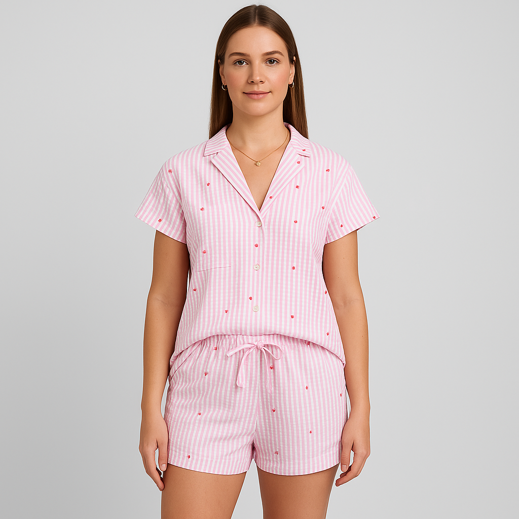 2-delt damen pyjamasæt – knap-op skjorte og shorts med elastisk talje