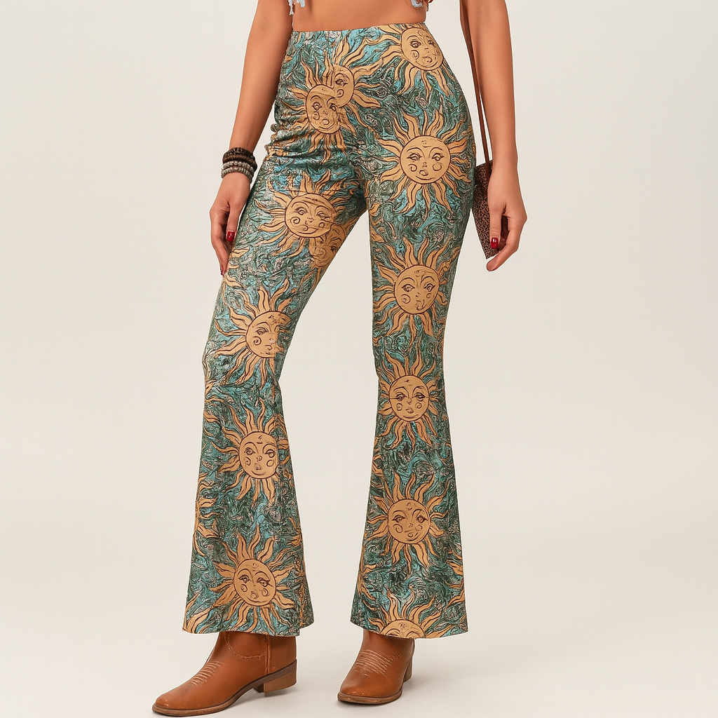 Chelsea – Dame Boho Flared Bukser – Heldækkende Print, Slim Fit