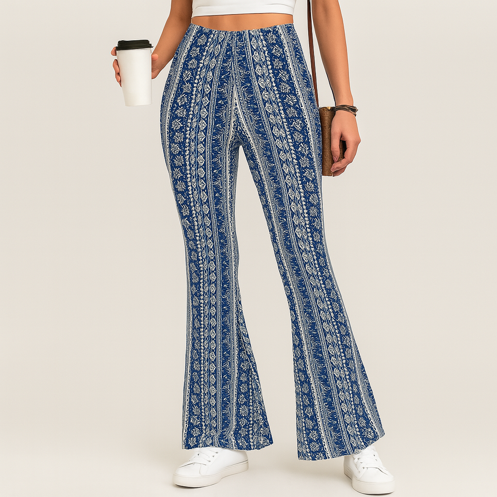 Chelsea – Dame Boho Flared Bukser – Heldækkende Print, Slim Fit