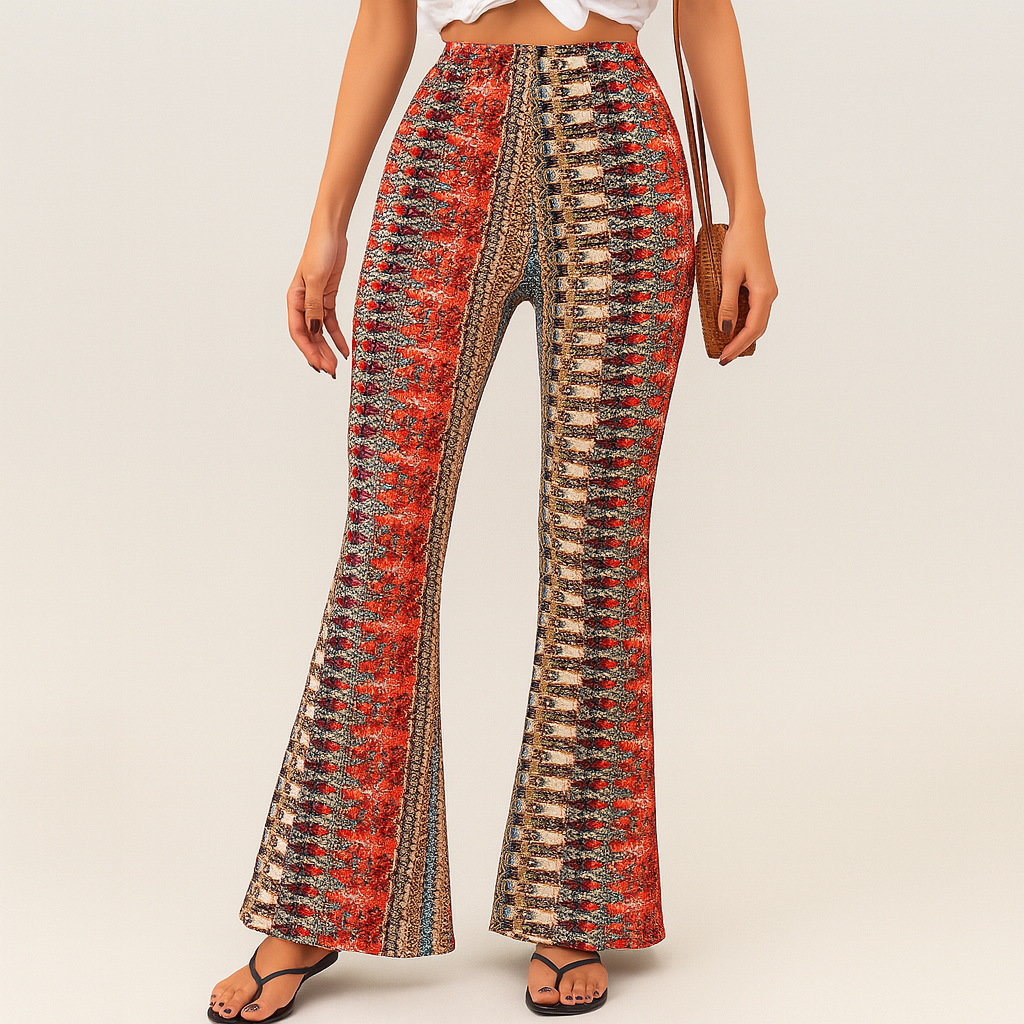 Chelsea – Dame Boho Flared Bukser – Heldækkende Print, Slim Fit