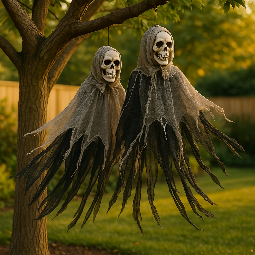 Uhyggeligt dødningehoved som Halloween-hængedekoration – Dødningehoved med stof til uhyggelig atmosfære