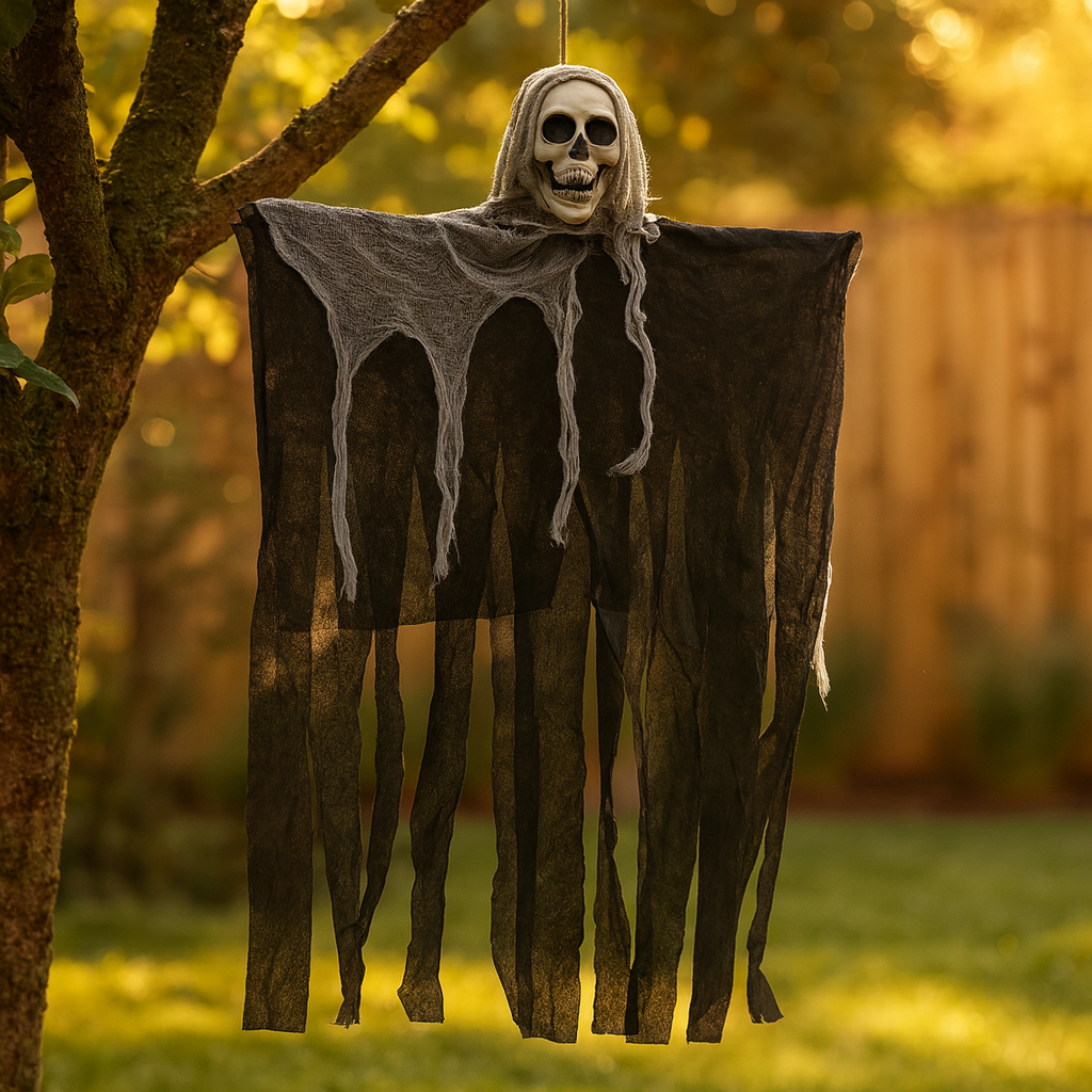 Uhyggeligt dødningehoved som Halloween-hængedekoration – Dødningehoved med stof til uhyggelig atmosfære