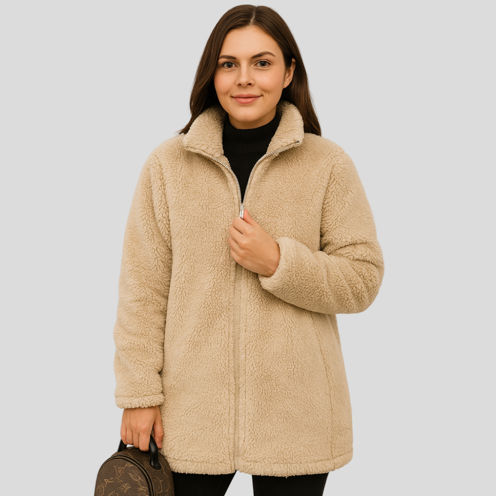 Lena | Dame teddy fleece vinterjakke med lynlås
