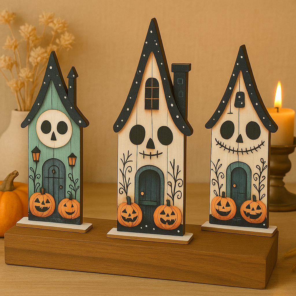 Træfigurer Halloween Sæt – 3 stk. Farverige 2D Trædekorationer