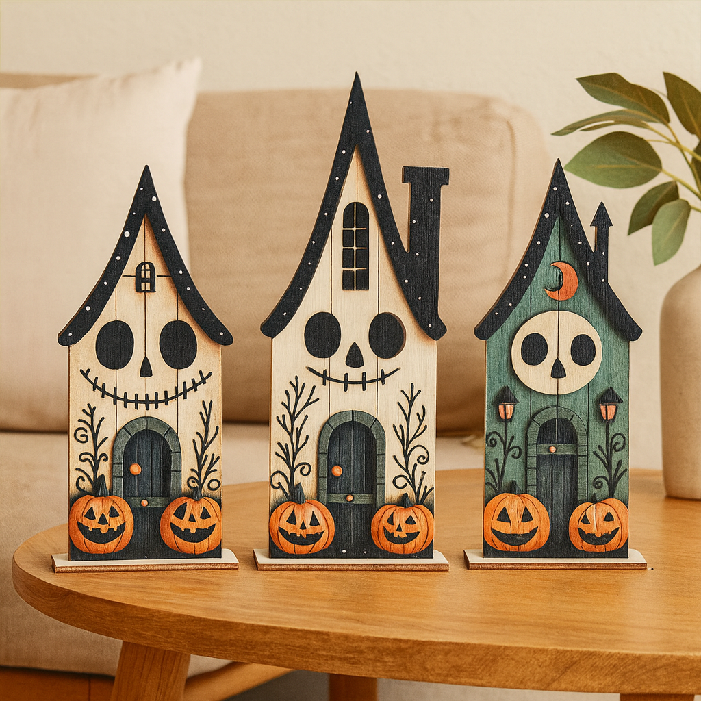 Træfigurer Halloween Sæt – 3 stk. Farverige 2D Trædekorationer