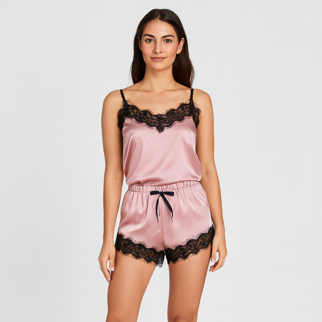 Stribet pyjamasæt til kvinder – V-hals top med satin shorts