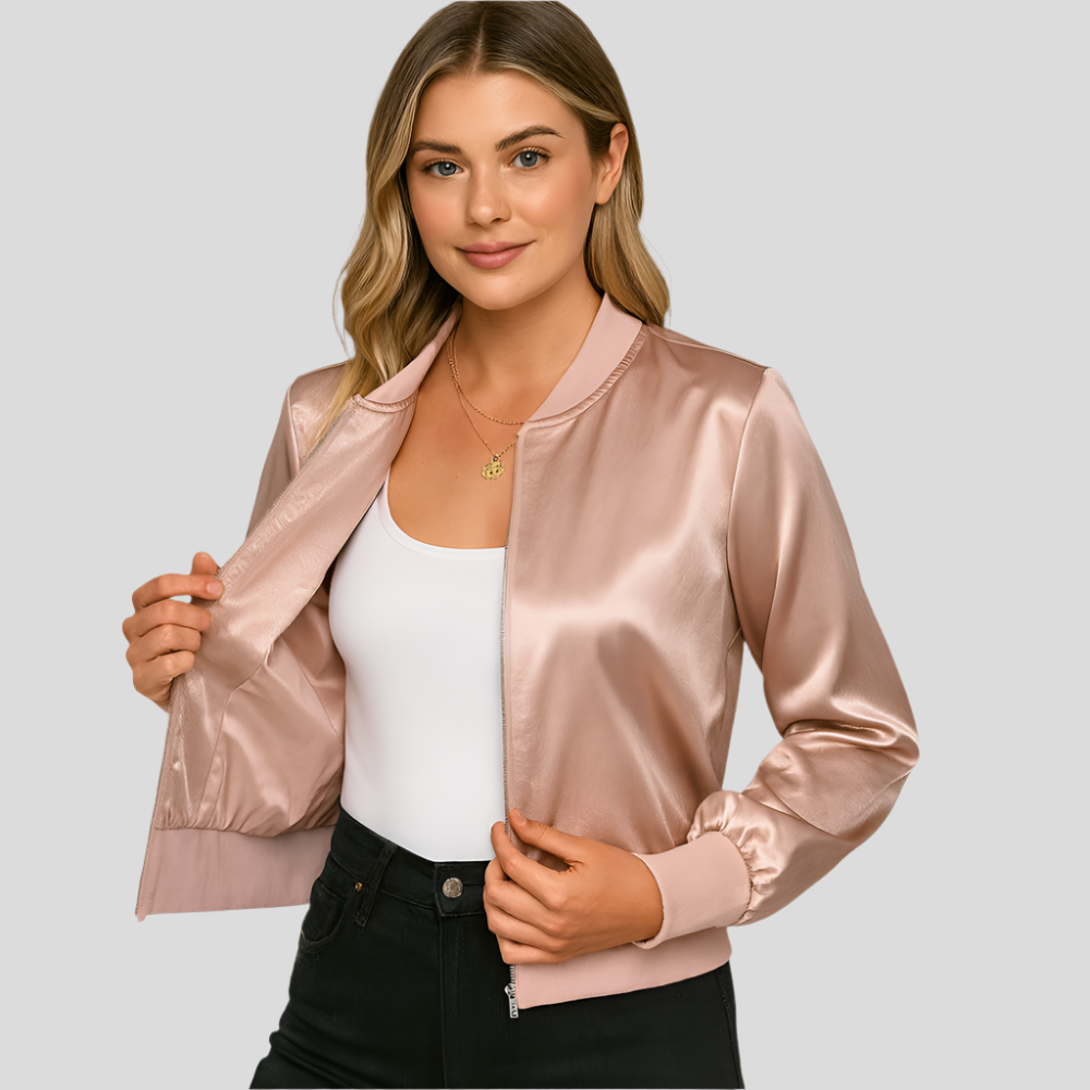 Flyverjacke i satin til kvinder – Løs pasform, lynlåslukning, alle sæsoners stil