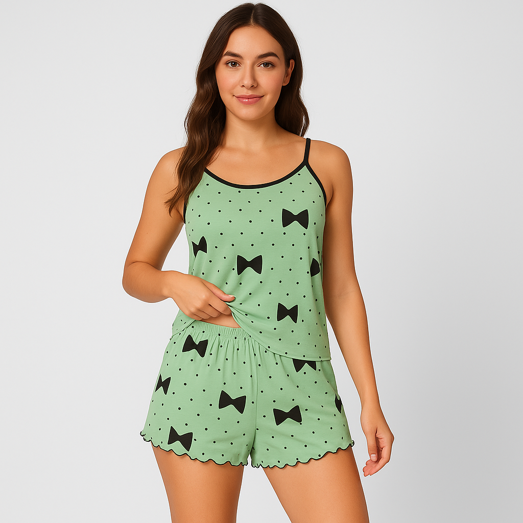 Dame Pyjamasæt – Shorts og Top med sød sort hjerte-print