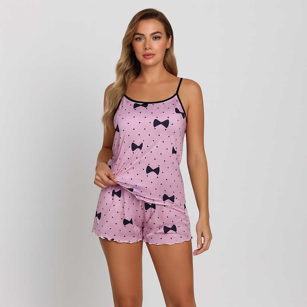Dame Pyjamasæt – Shorts og Top med sød sort hjerte-print