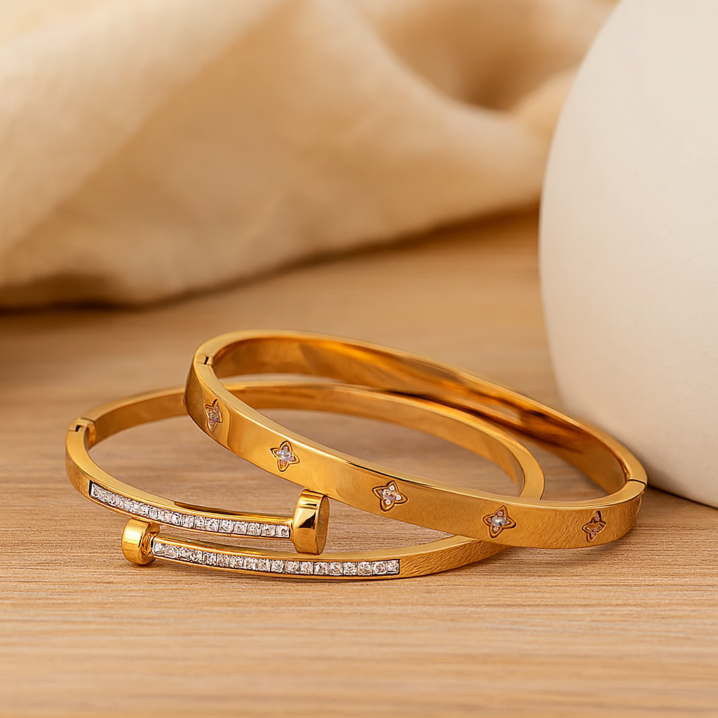 2-delt sæt af rustfrit stål armbånd – luksussmykker med funklende detaljer