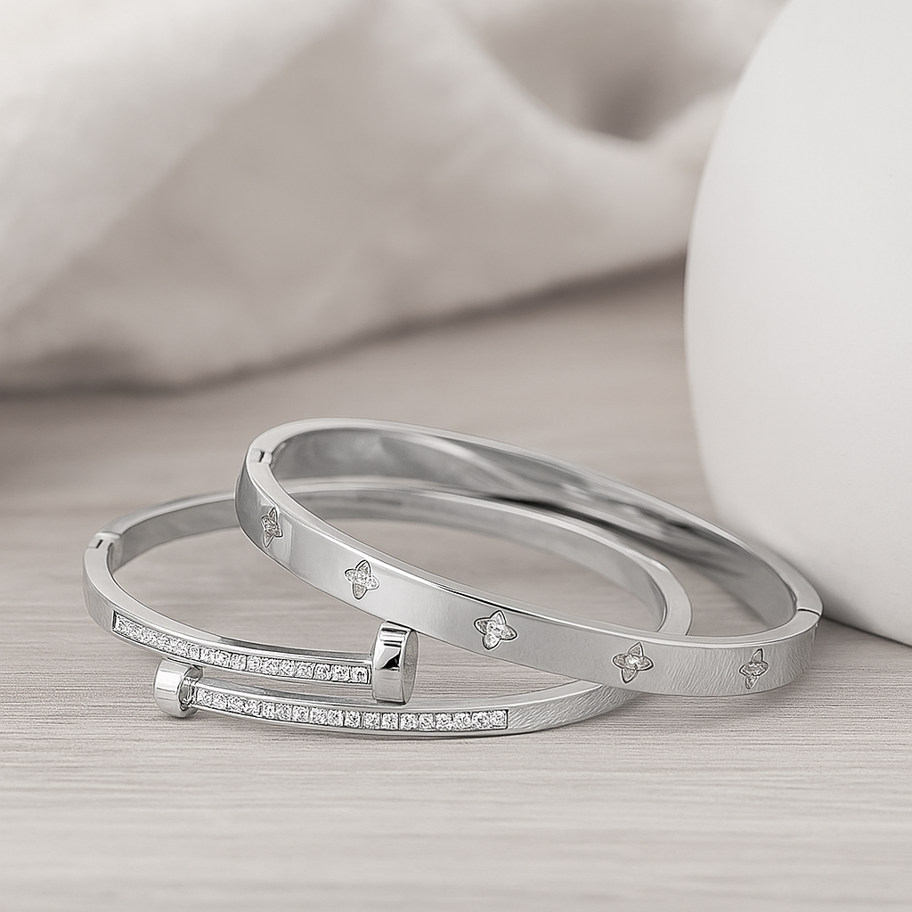 2-delt sæt af rustfrit stål armbånd – luksussmykker med funklende detaljer