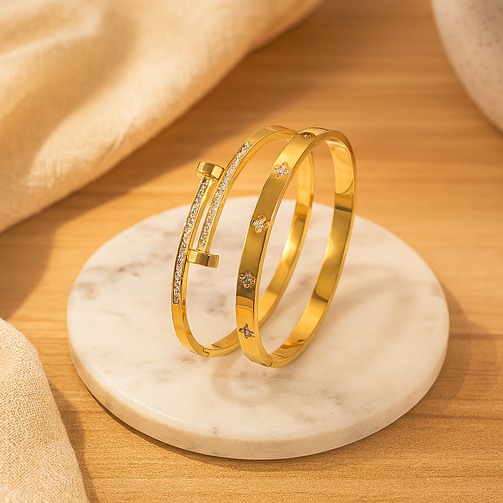 2-delt sæt af rustfrit stål armbånd – luksussmykker med funklende detaljer