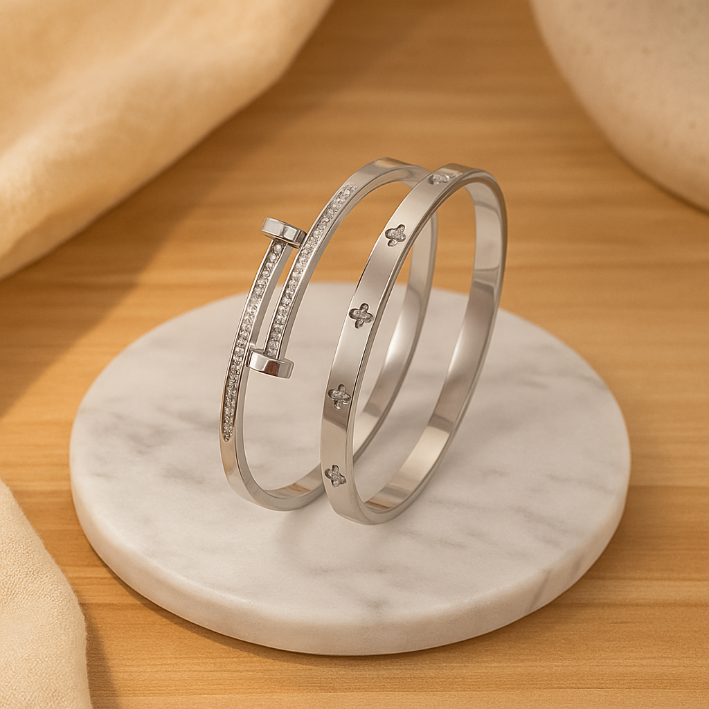 2-delt sæt af rustfrit stål armbånd – luksussmykker med funklende detaljer