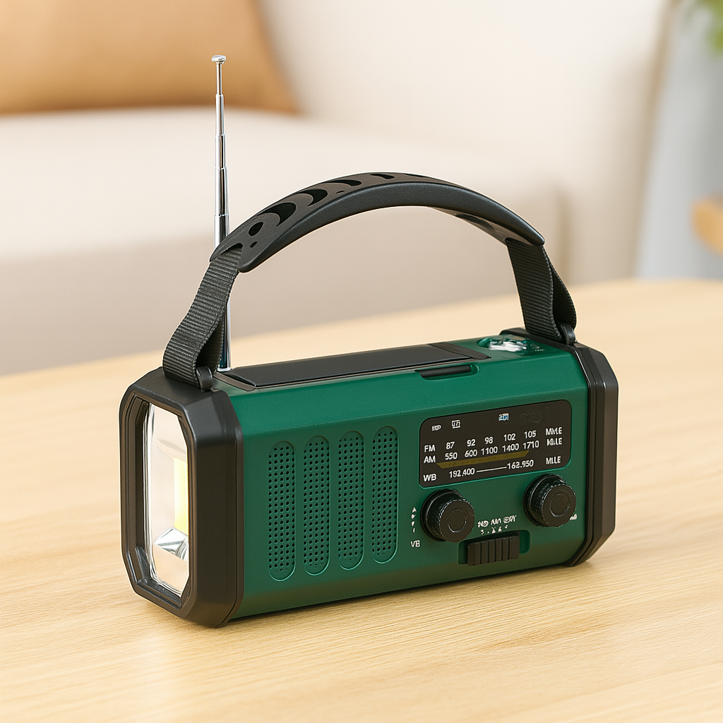 Nødradio med solpanel og håndsving – 10.000-mAh-powerbank, AM/FM-vejrradio, lommelygte, SOS- og telefonoplader