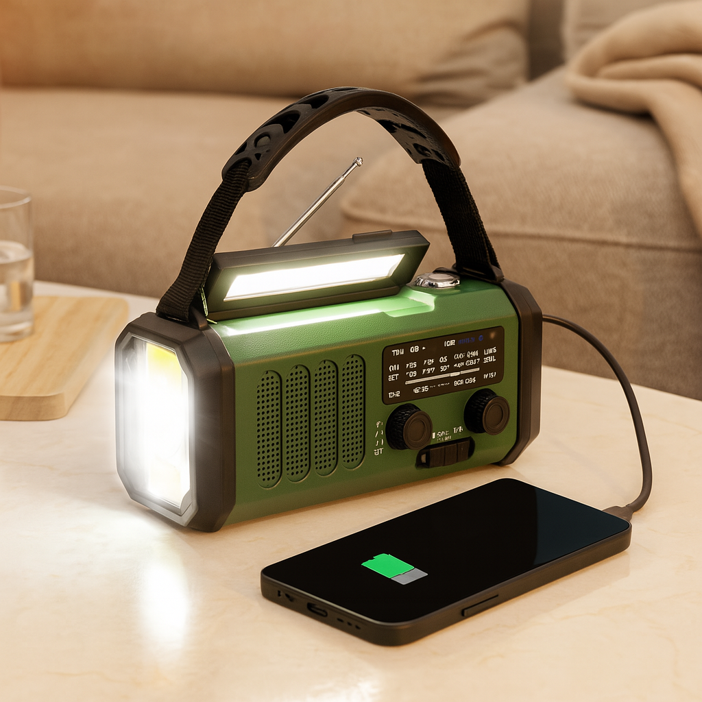 Nødradio med solpanel og håndsving – 10.000-mAh-powerbank, AM/FM-vejrradio, lommelygte, SOS- og telefonoplader