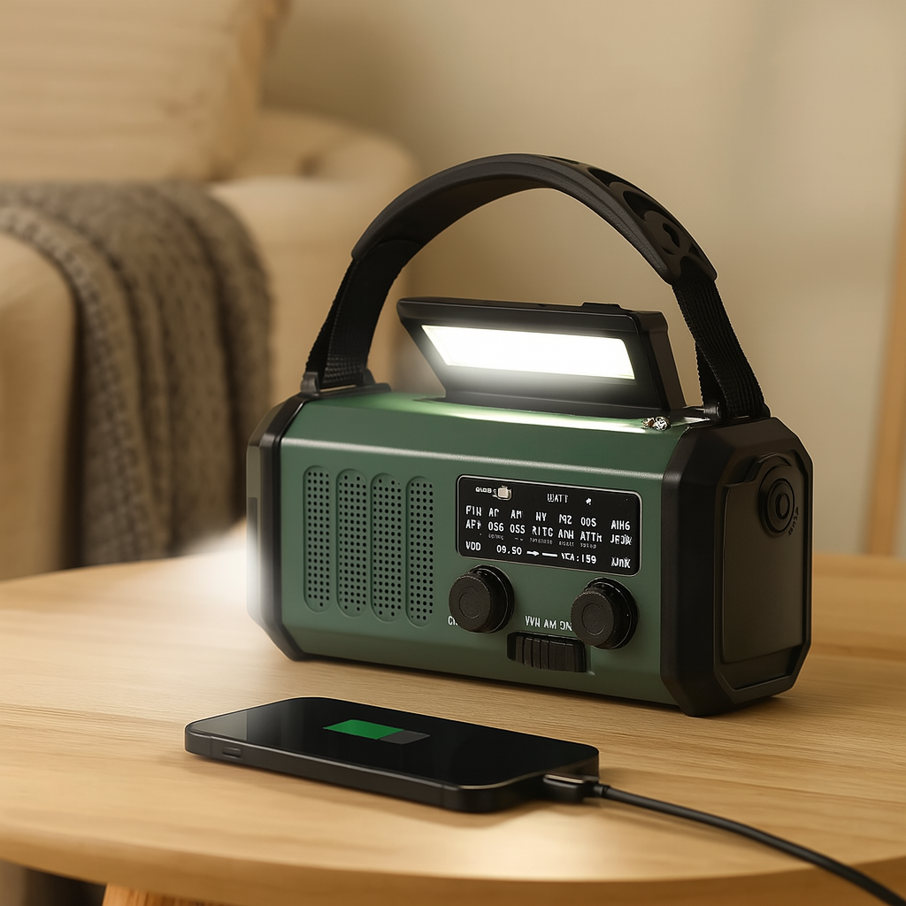 Nødradio med solpanel og håndsving – 10.000-mAh-powerbank, AM/FM-vejrradio, lommelygte, SOS- og telefonoplader