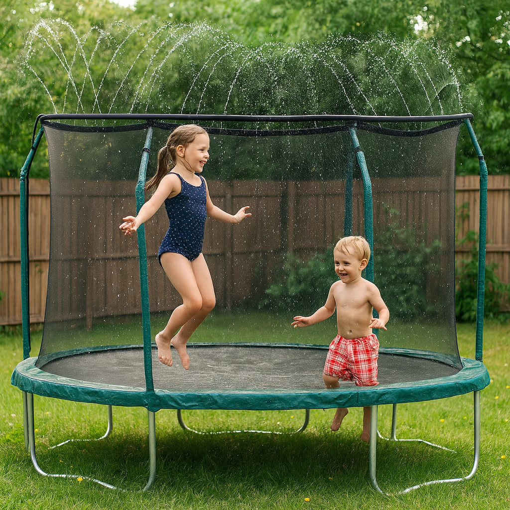 Universal trampolin sprinklersystem – sort PVC-slange med sprøjter til udendørs køling og leg i haven