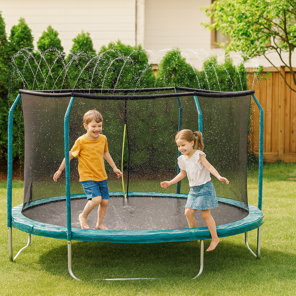 Universal trampolin sprinklersystem – sort PVC-slange med sprøjter til udendørs køling og leg i haven
