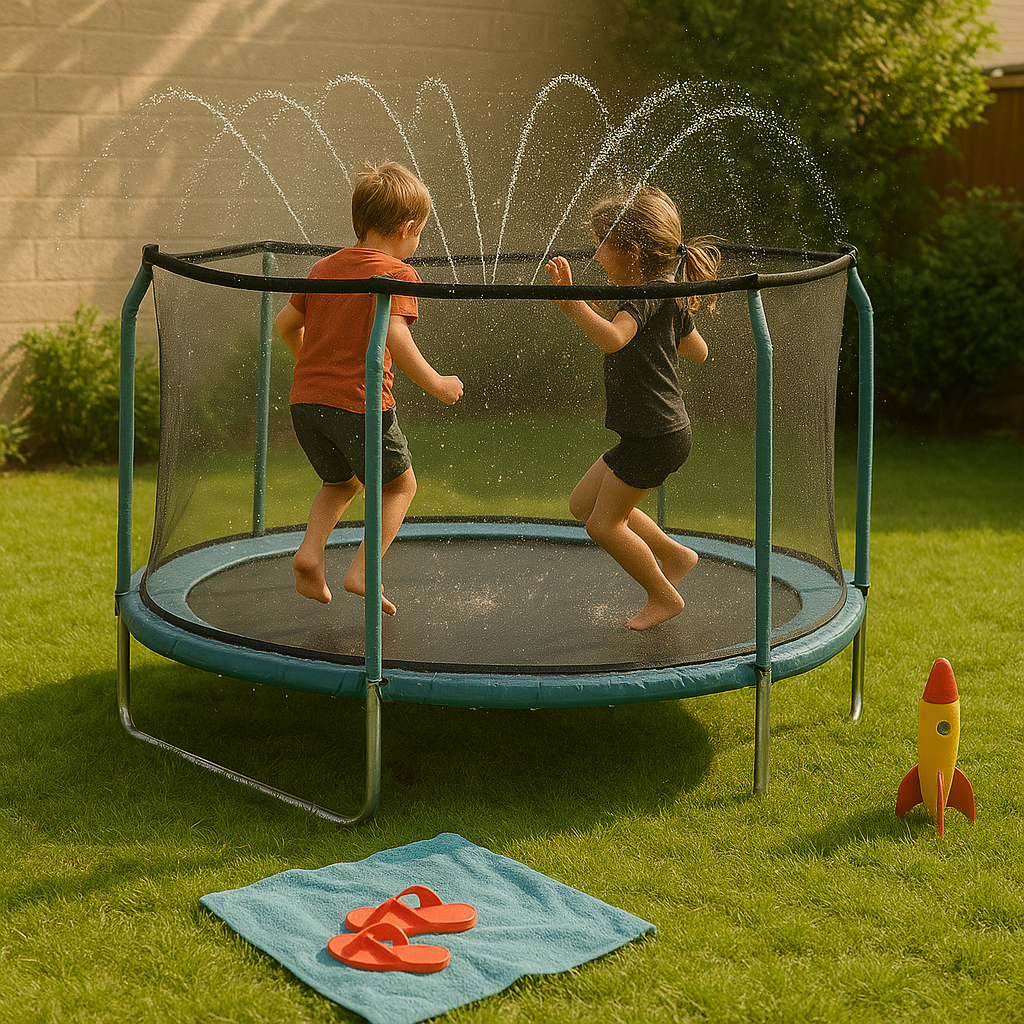Universal trampolin sprinklersystem – sort PVC-slange med sprøjter til udendørs køling og leg i haven