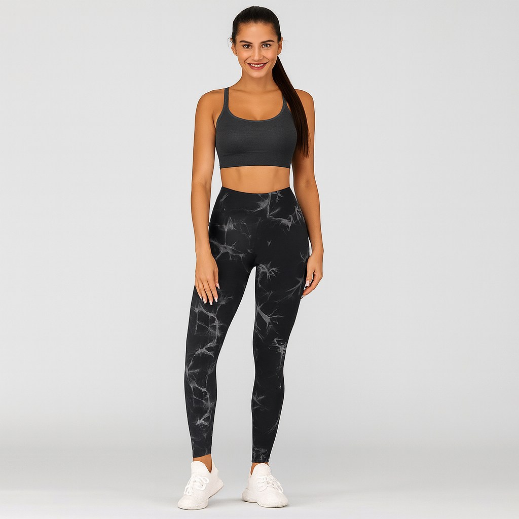 Elegant marmor-batik-yogabukser – stilfulde og sporty activewear til damer