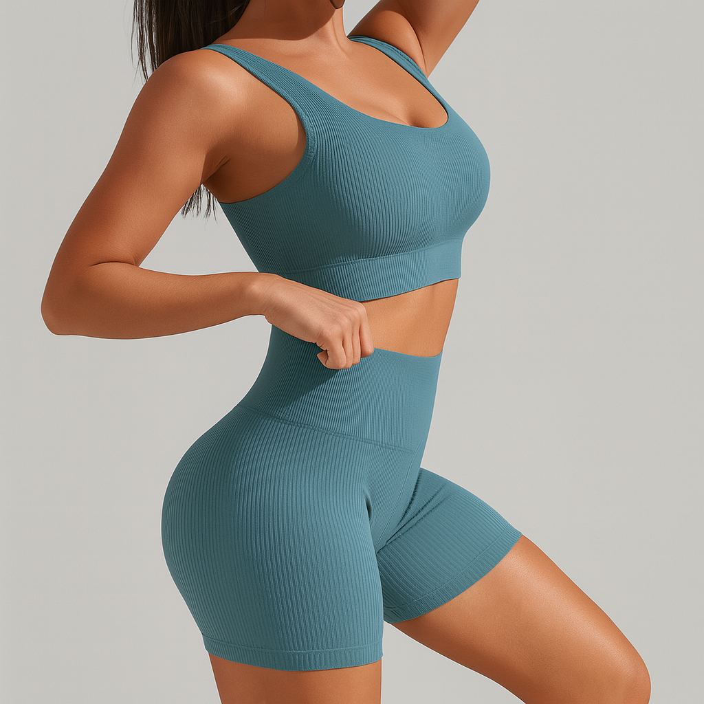 Dame Seamless Ribbet Yoga- & Pilates-Set – Fitness-outfit med Sport-BH & Leggings