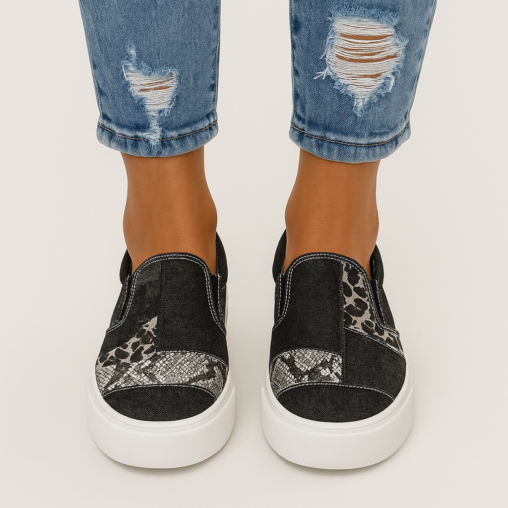Stefanie – Slip-On Dame Sneakers med Dyreprint i Patchwork
