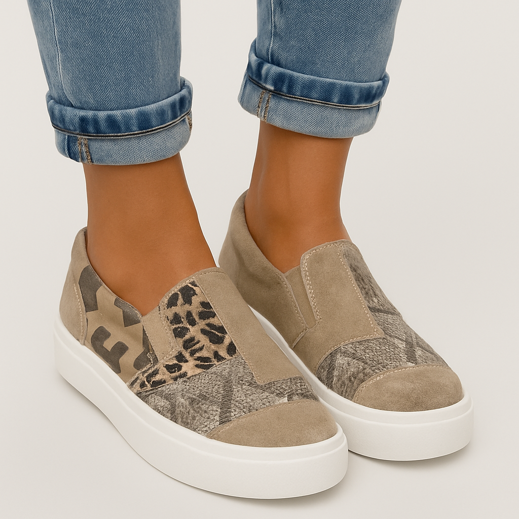 Stefanie – Slip-On Dame Sneakers med Dyreprint i Patchwork