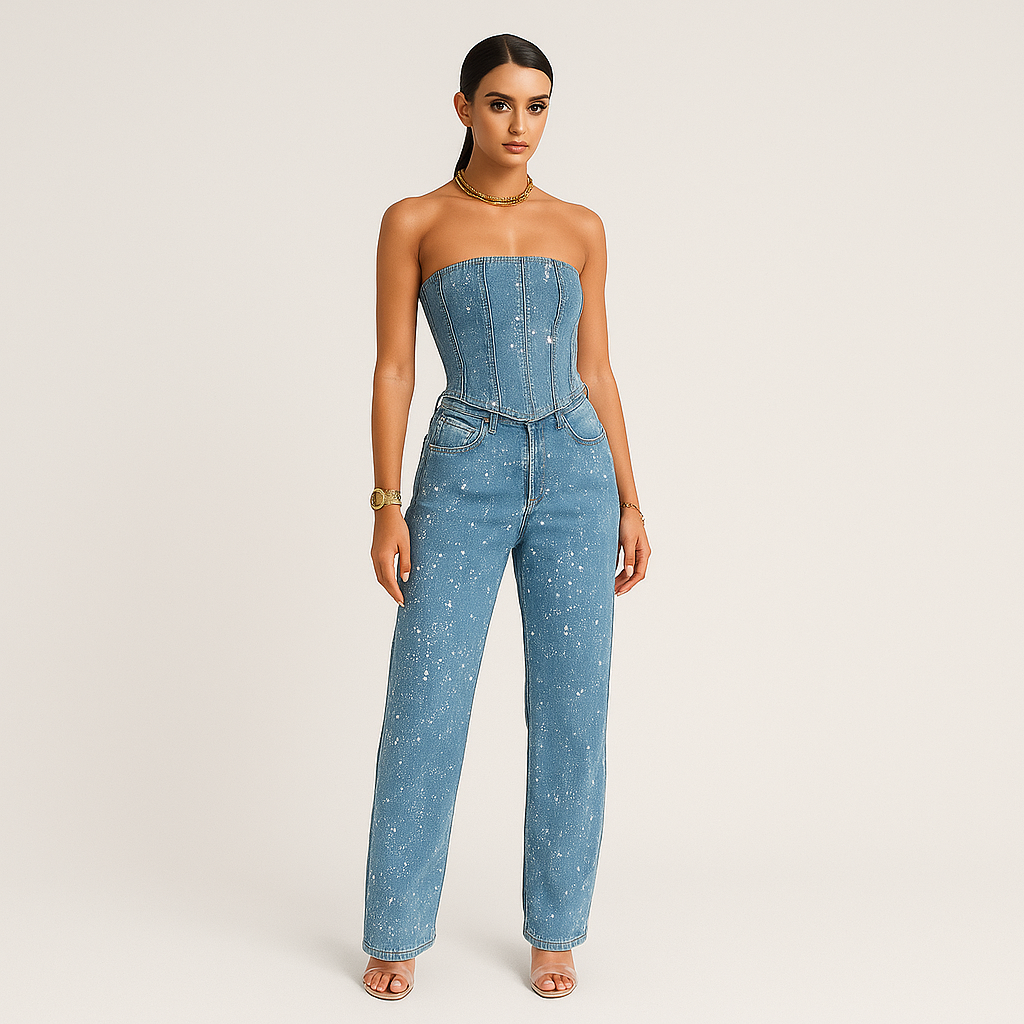 Camilla - Stropløs jumpsuit med funklende udsmykning