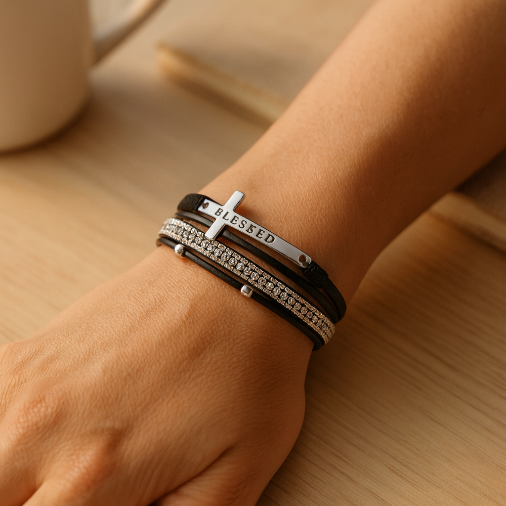 Lagdelt læderarmbånd til damer – ROSÉGULD med perler og krystal-accenter